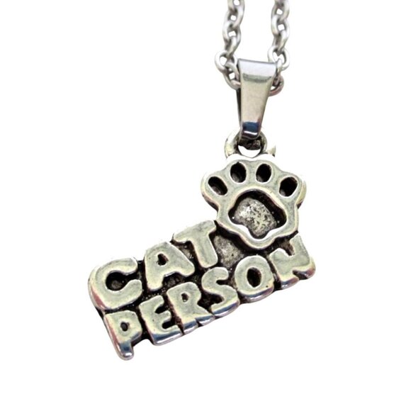 New Cat Person with Paw Pendant Necklace on 18" Stainless Chain Cat Lover Gift - Picture 1 of 6
